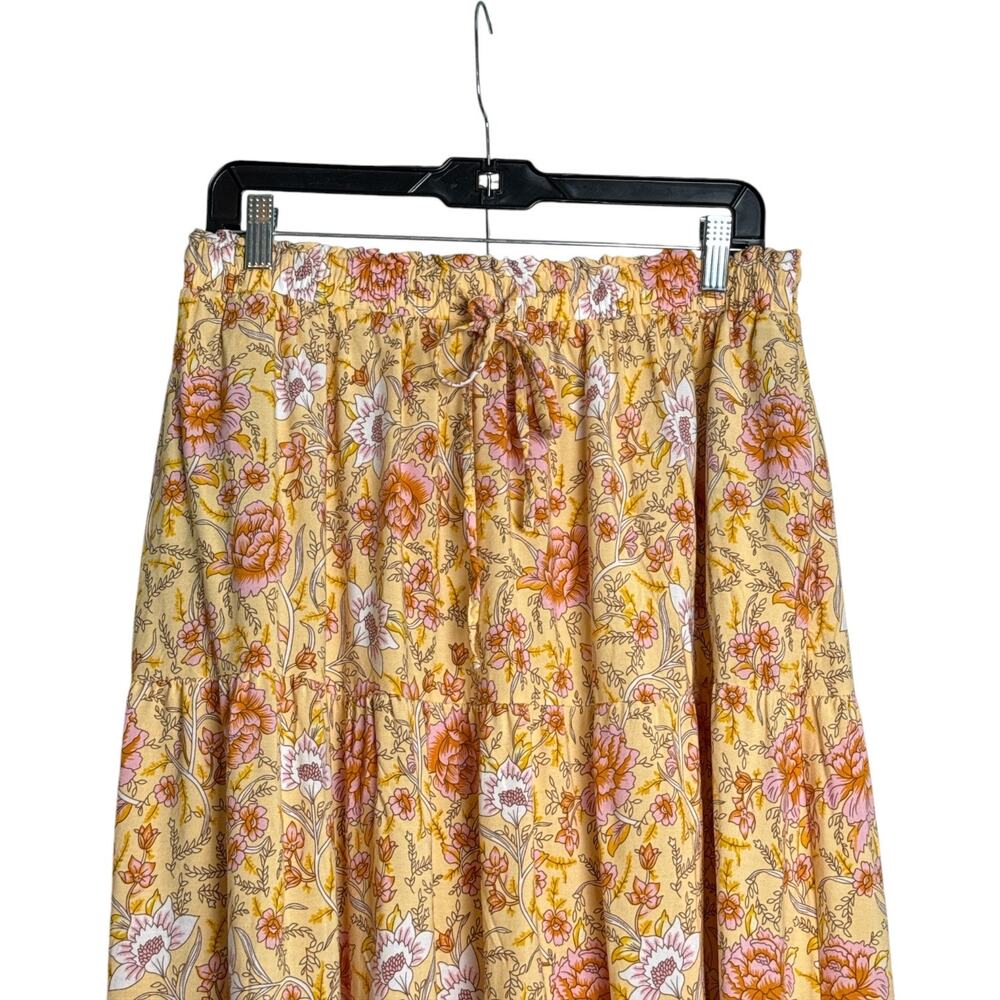 ZESICA XL Boho Floral Maxi Skirt Yellow Pink Border Print Rayon Tiered - Picture 3 of 9